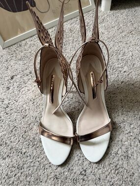 Sophia Webster Rose Gold Wing-Embellished Strappy Heels with White Footbed